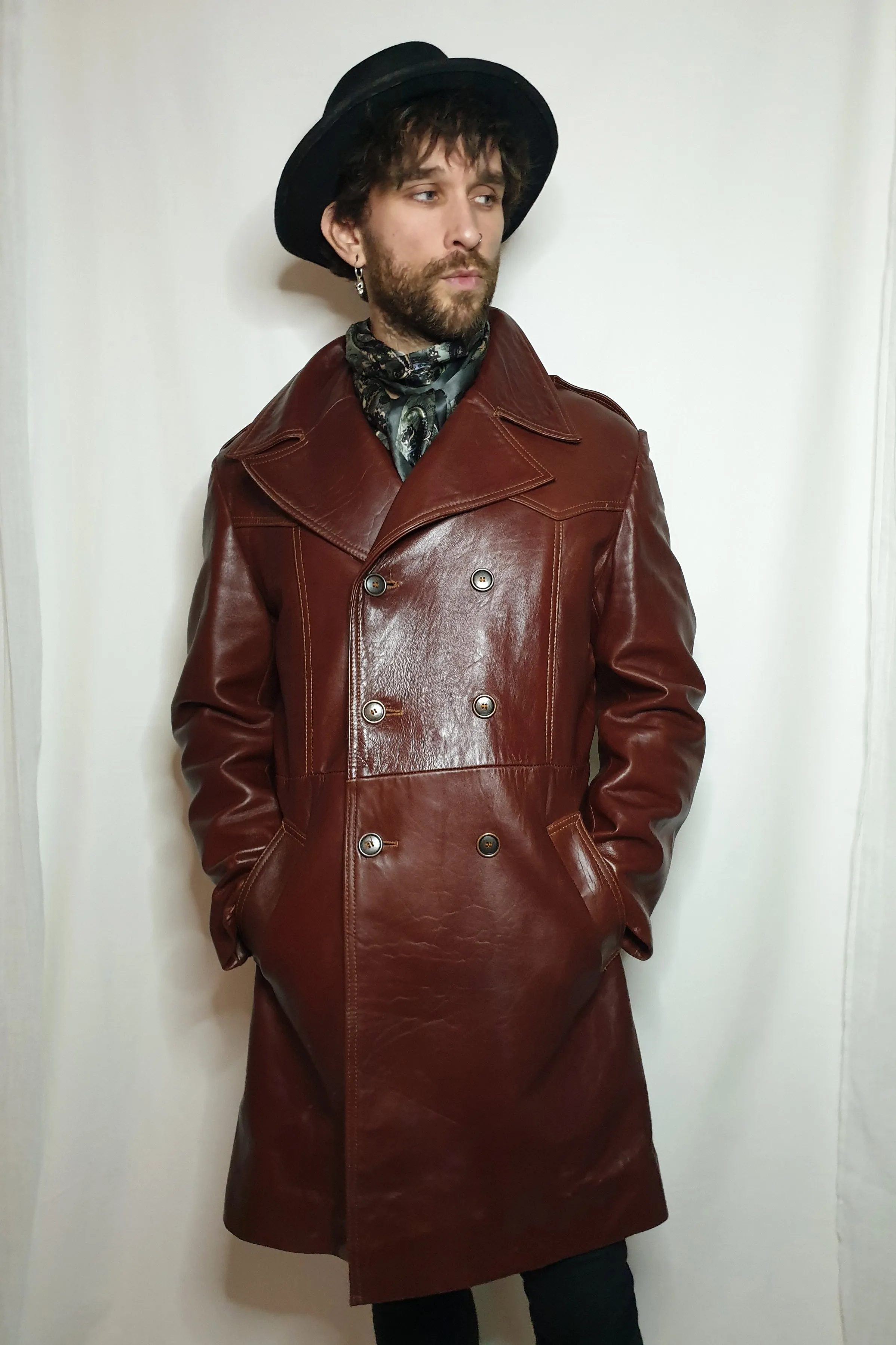 1970s leather double breasted trench coat