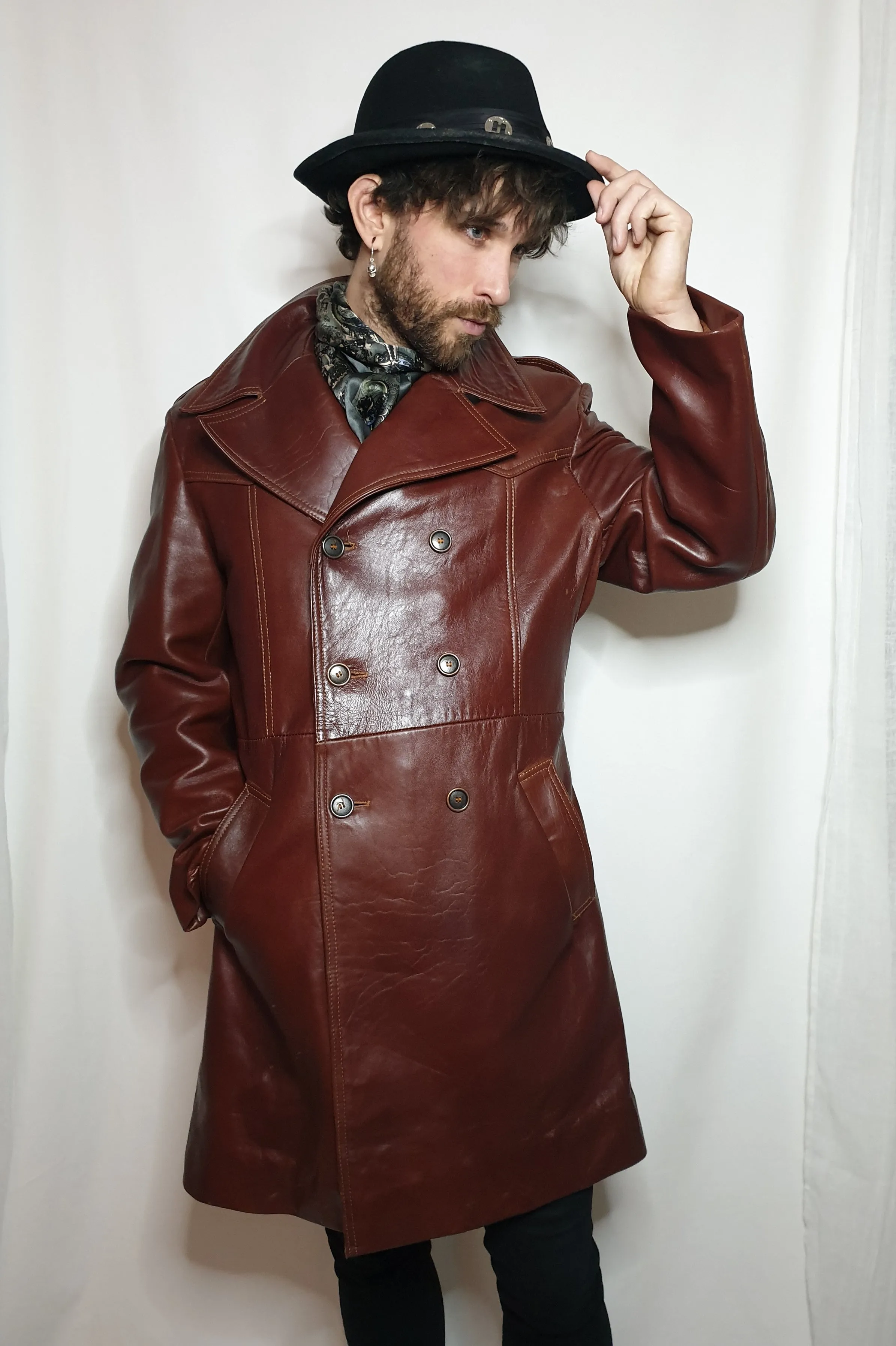 1970s leather double breasted trench coat