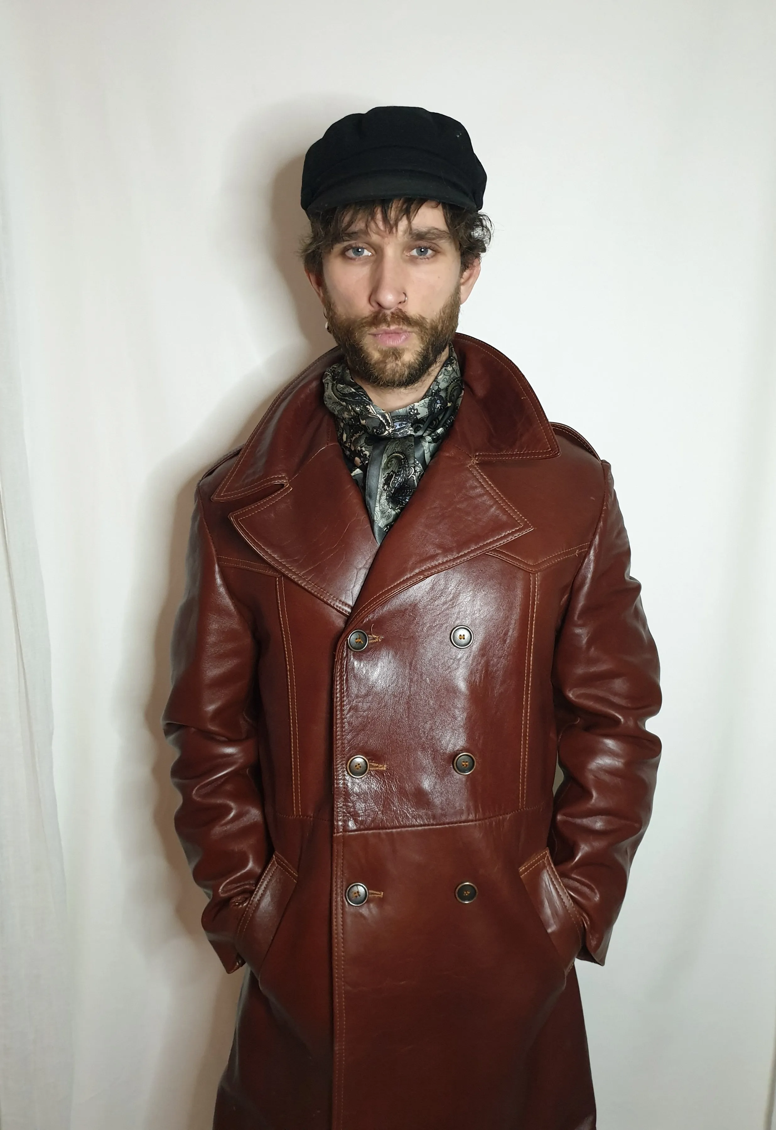 1970s leather double breasted trench coat