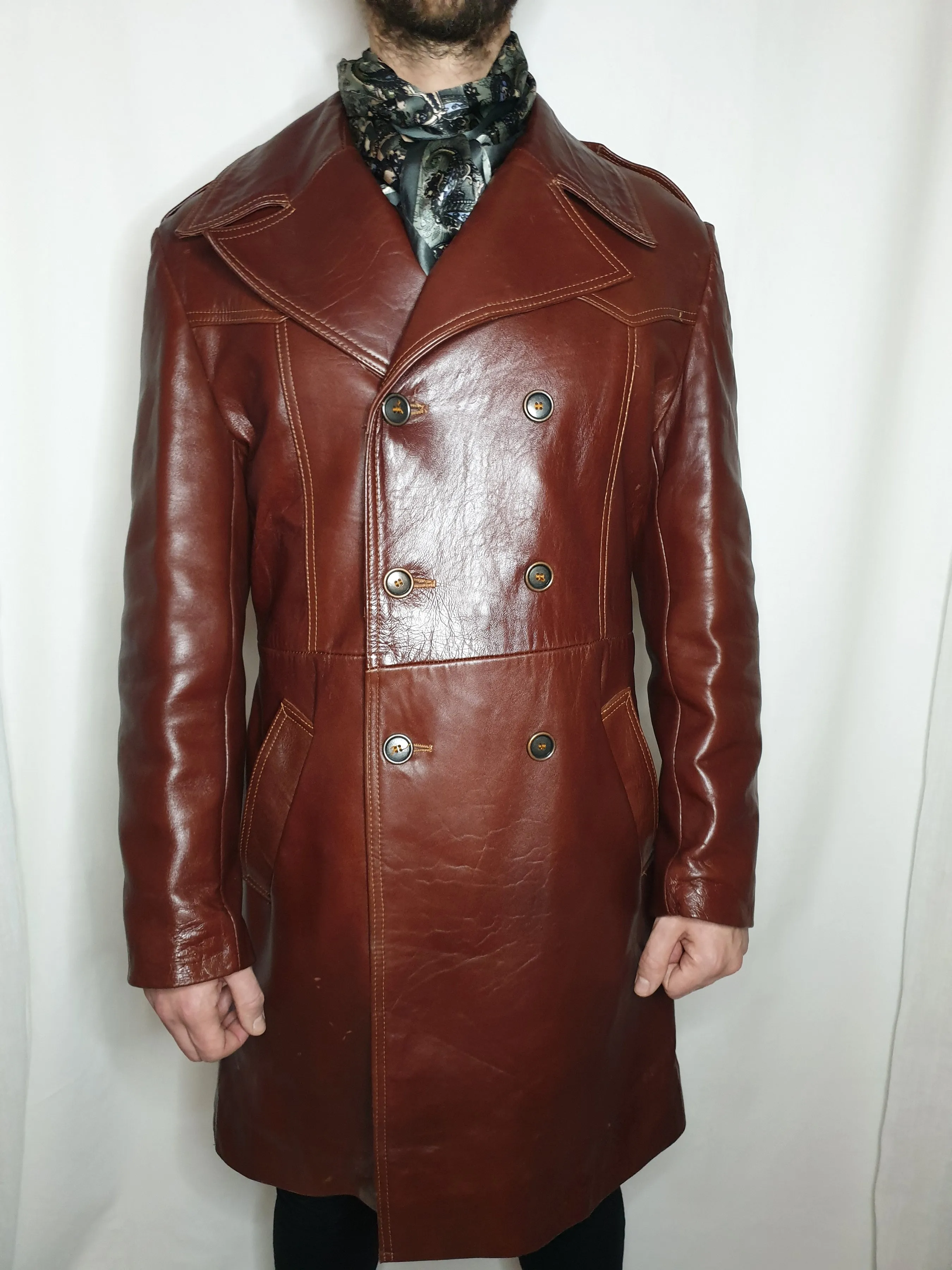 1970s leather double breasted trench coat