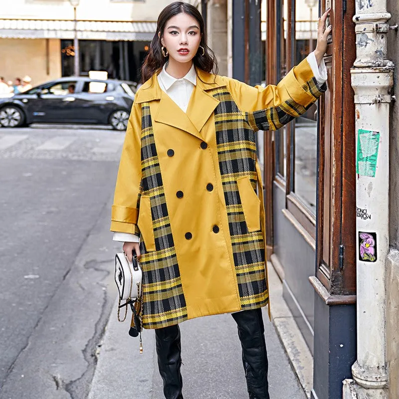 8GIRLS CHECK CONTRAST PANELS DETAIL TRENCH COAT