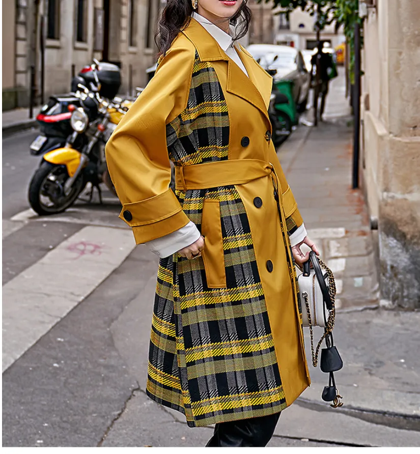 8GIRLS CHECK CONTRAST PANELS DETAIL TRENCH COAT