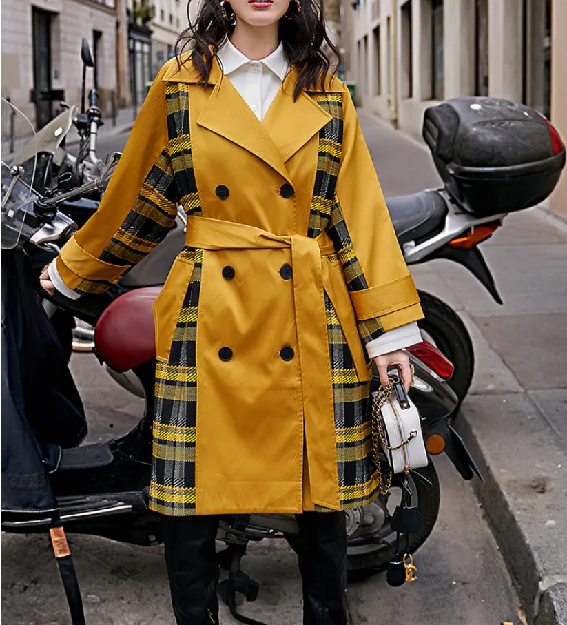 8GIRLS CHECK CONTRAST PANELS DETAIL TRENCH COAT