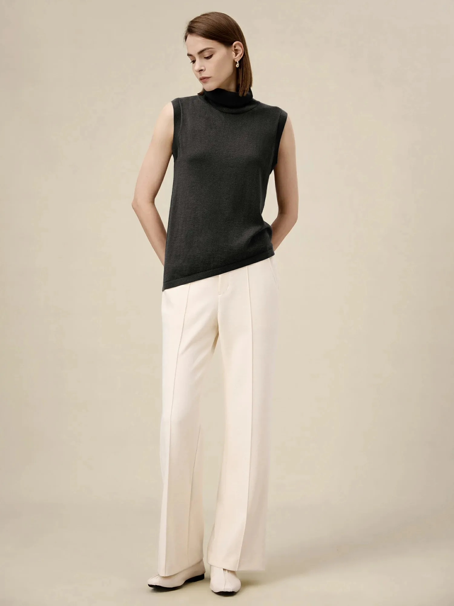 Amoretu Wool Sleeveless Turtleneck Knitted Sweater Tank Top