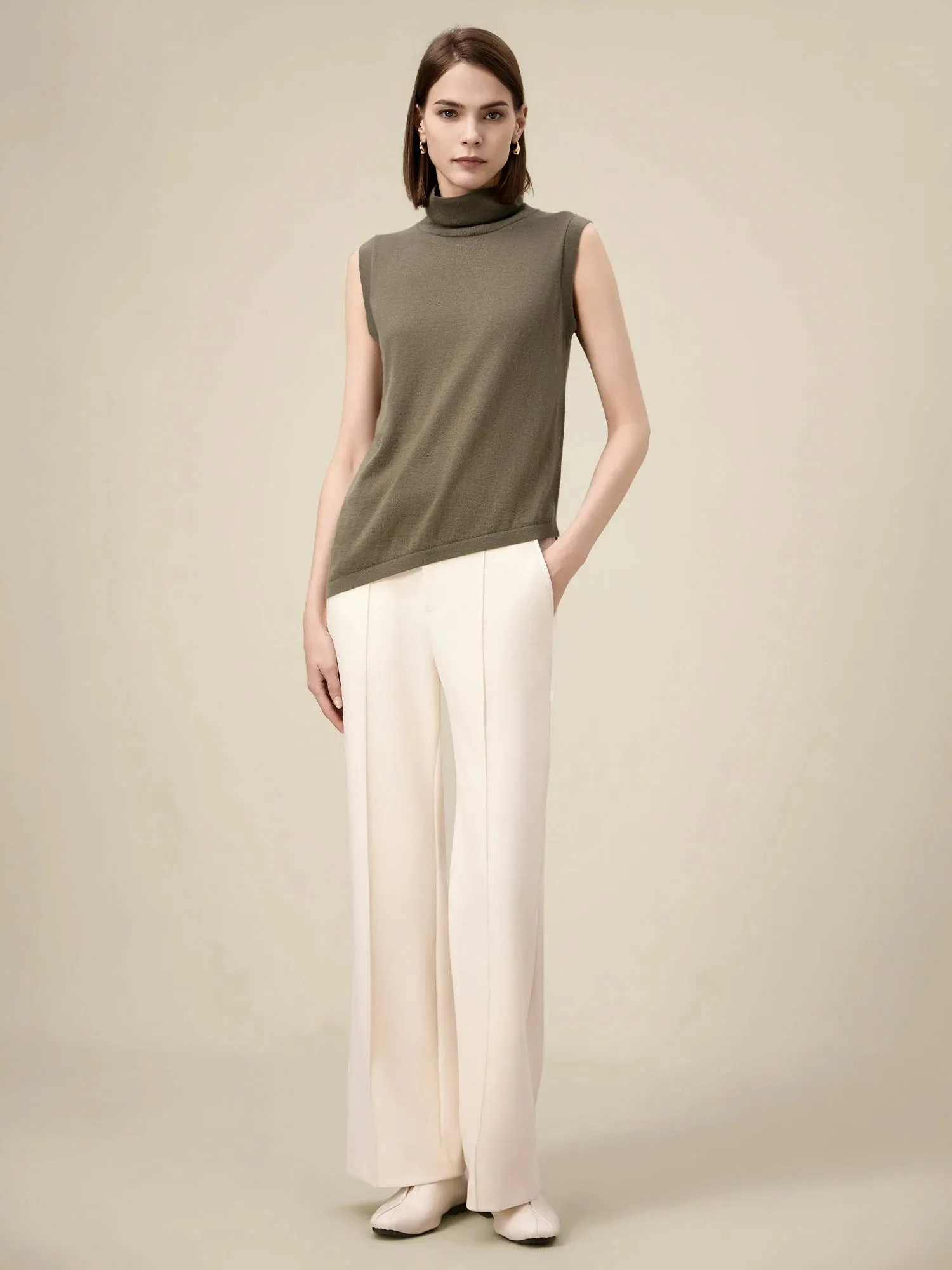Amoretu Wool Sleeveless Turtleneck Knitted Sweater Tank Top