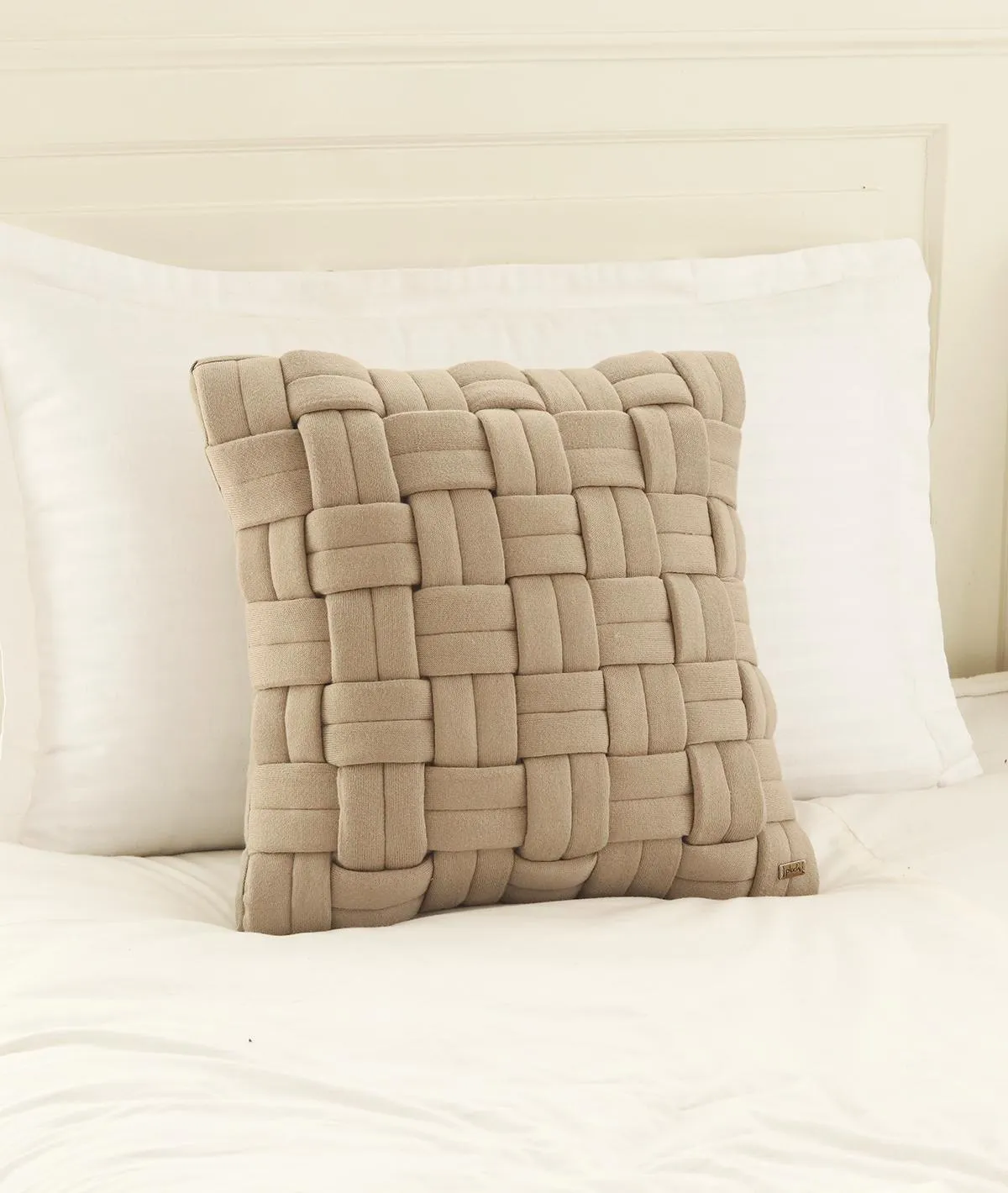 Basket Knit Cotton Knitted Decorative Sandy Brown Color 16 x 16 Inches Cushion Cover