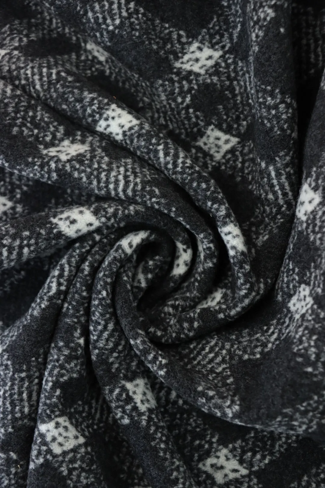Black & White Diagonal Plaid Faux Wool Fleece Coating