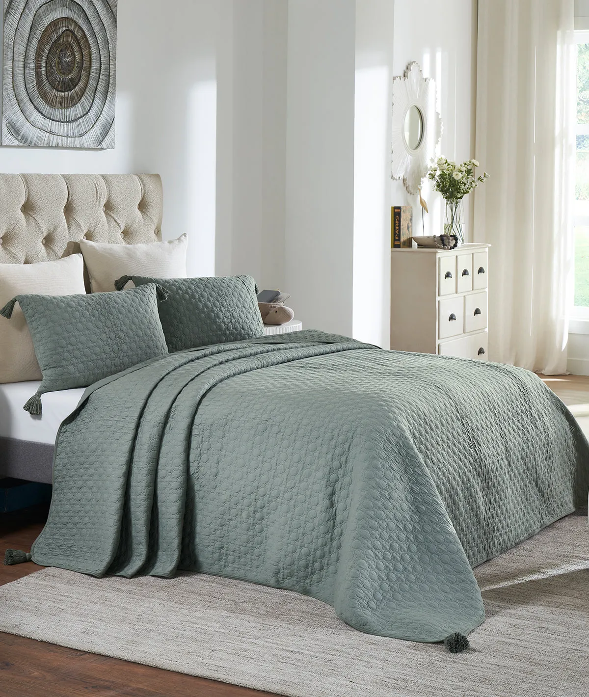 Bubbly - Ryegrass Color 100% Cotton Knitted King Size Double Bed Bedcover with 2 Pillow Cover Set