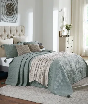 Bubbly - Ryegrass Color 100% Cotton Knitted King Size Double Bed Bedcover with 2 Pillow Cover Set