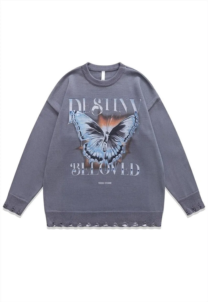 Butterfly sweater Anime knit distressed grunge jumper grey