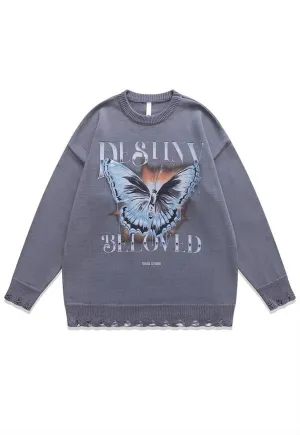 Butterfly sweater Anime knit distressed grunge jumper grey