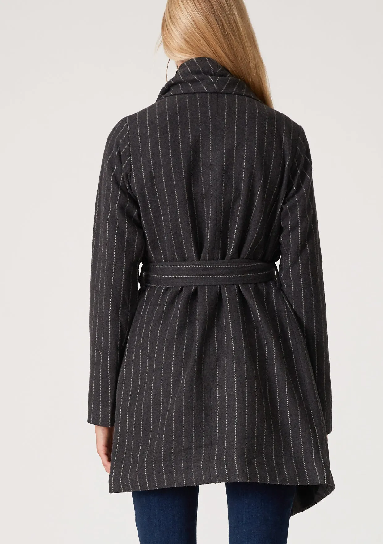 Charcoal Pinstripe Belted Wrap Coat