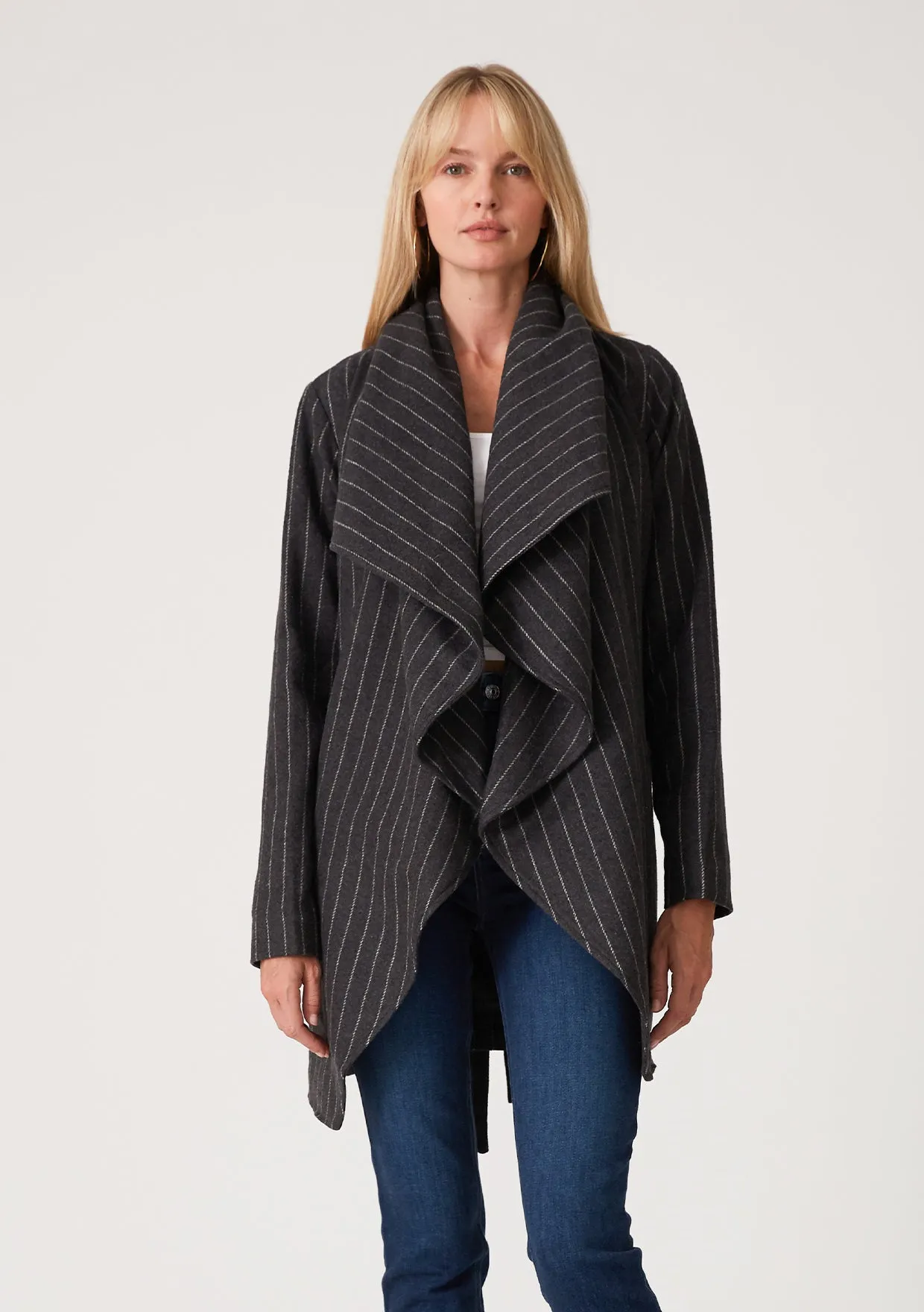 Charcoal Pinstripe Belted Wrap Coat