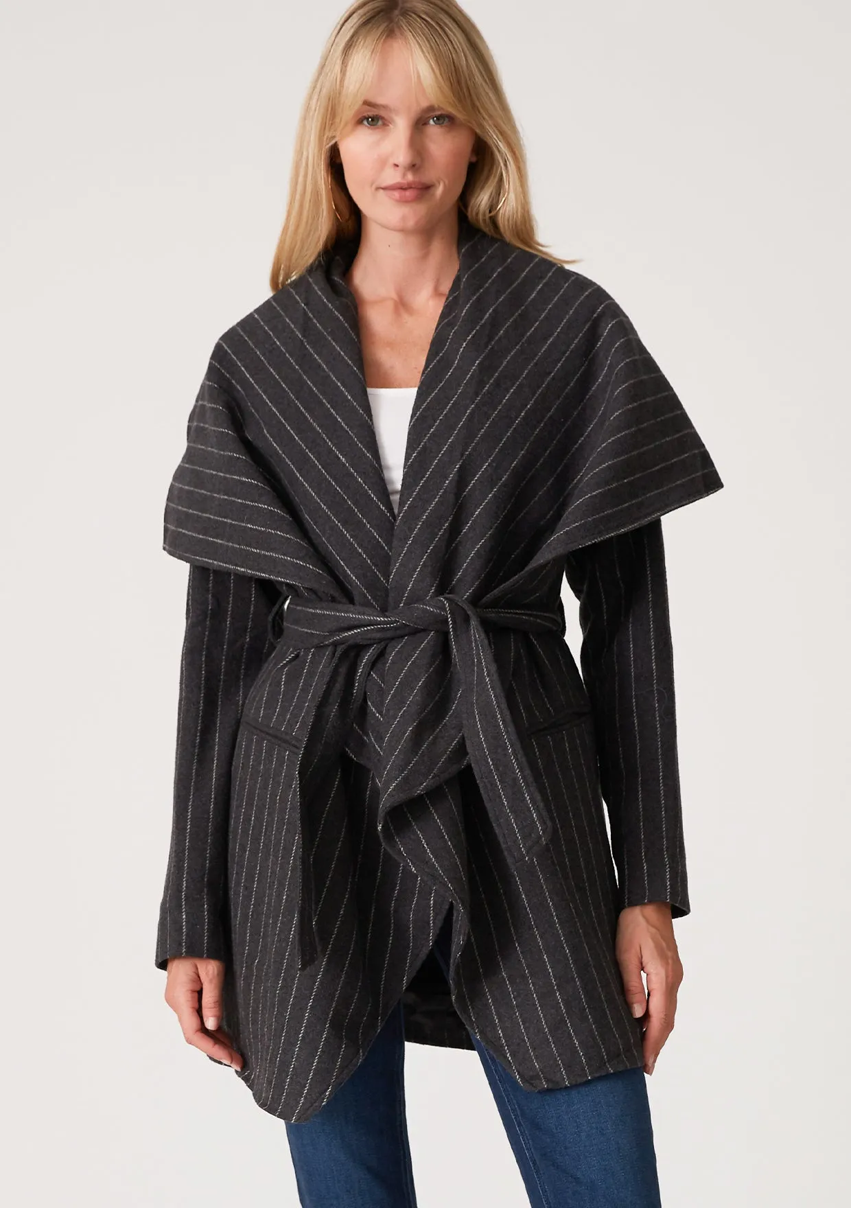 Charcoal Pinstripe Belted Wrap Coat