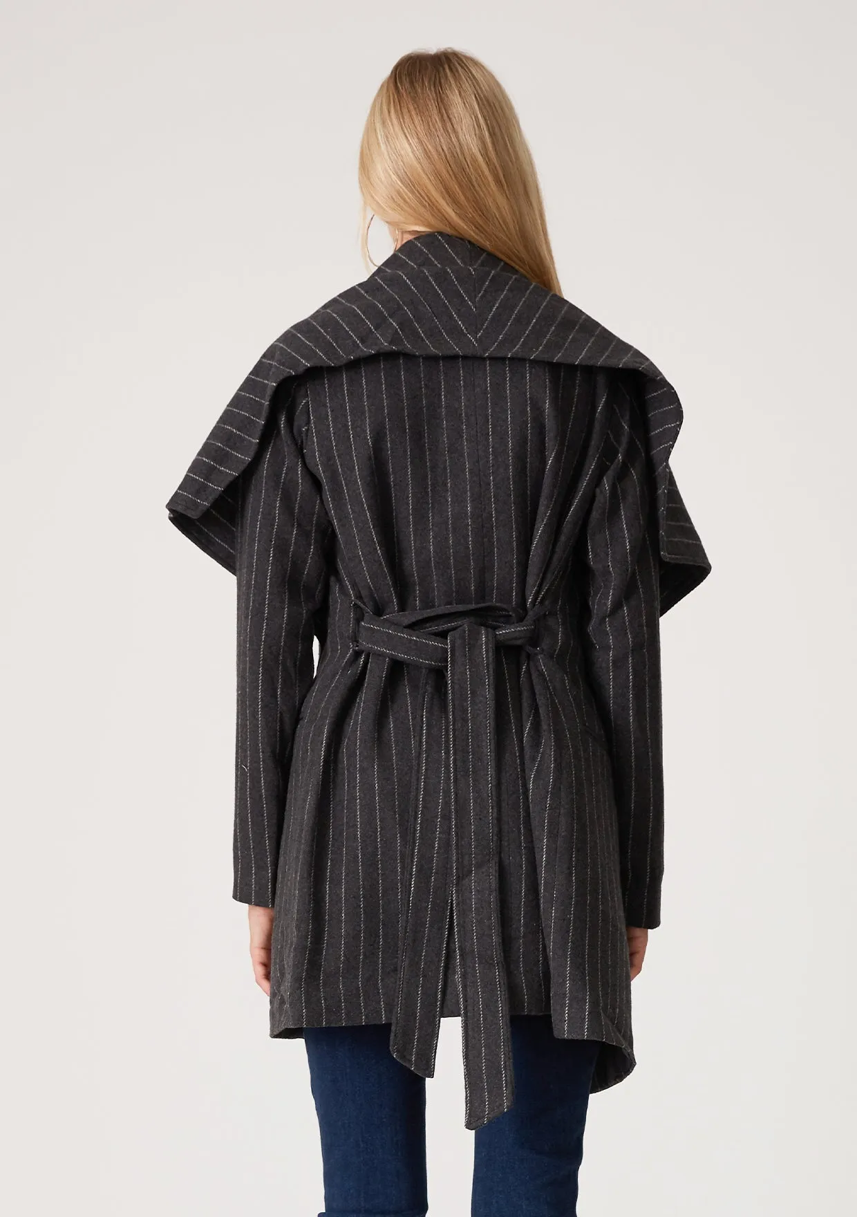 Charcoal Pinstripe Belted Wrap Coat