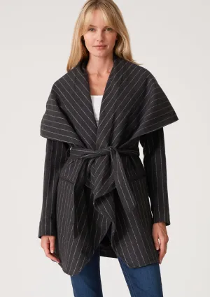 Charcoal Pinstripe Belted Wrap Coat