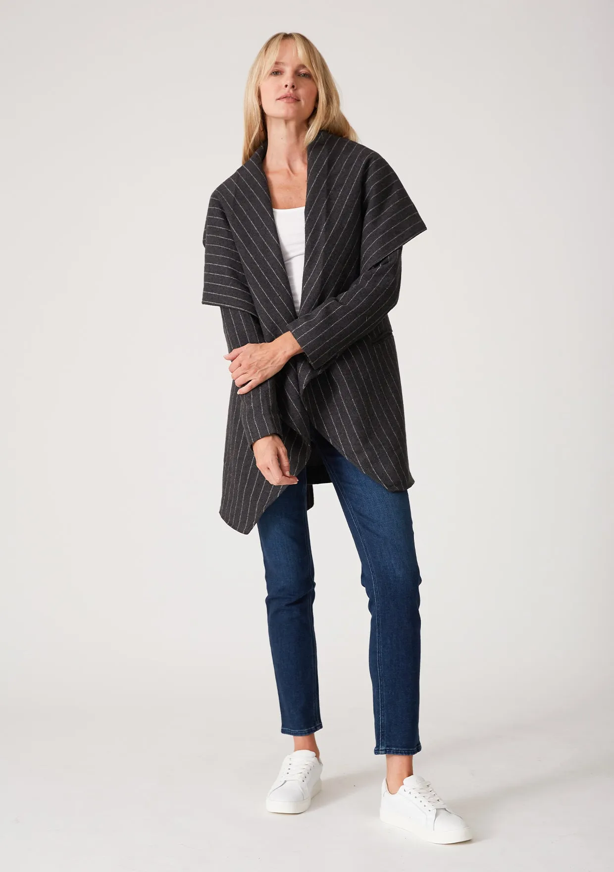 Charcoal Pinstripe Belted Wrap Coat