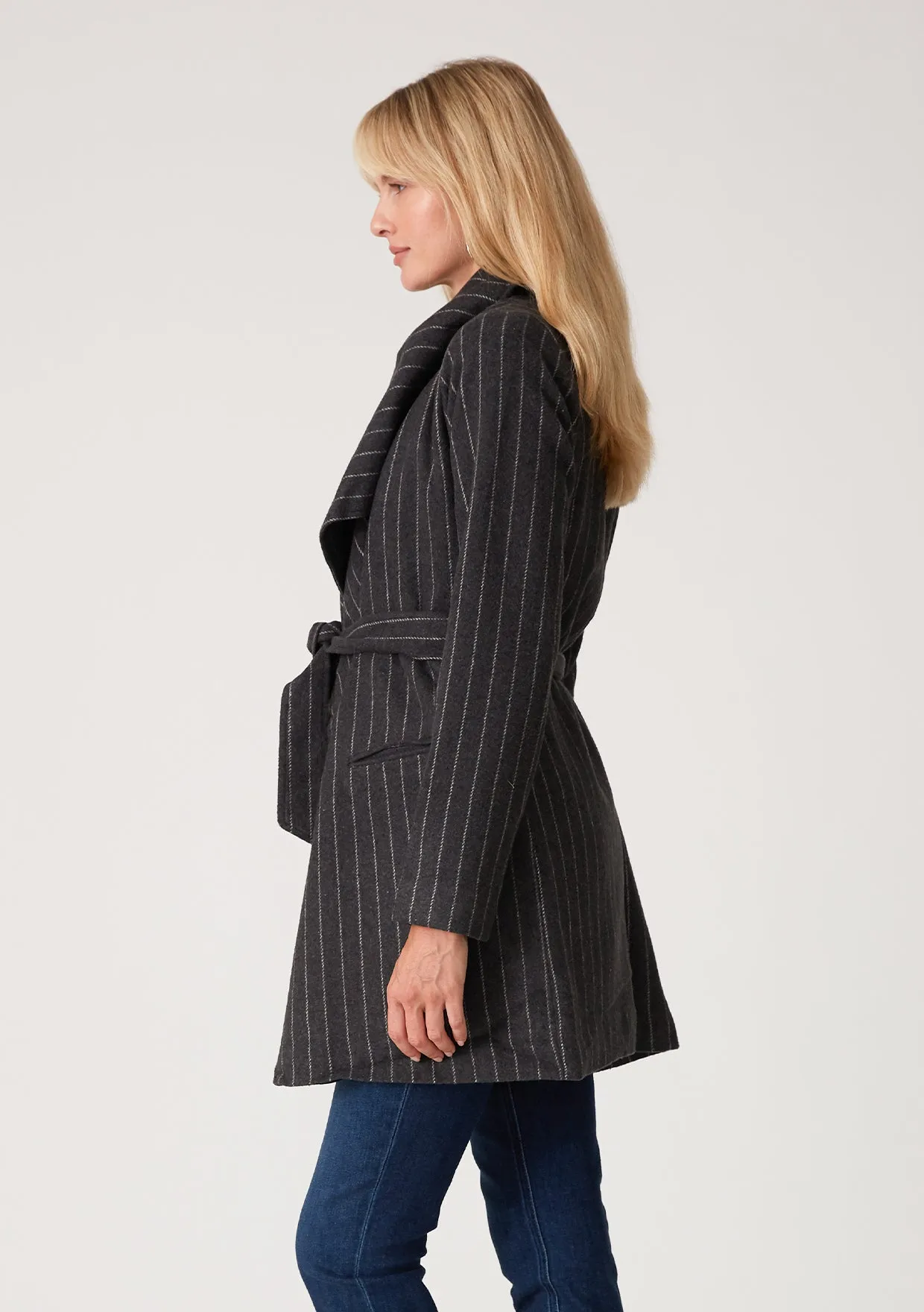 Charcoal Pinstripe Belted Wrap Coat