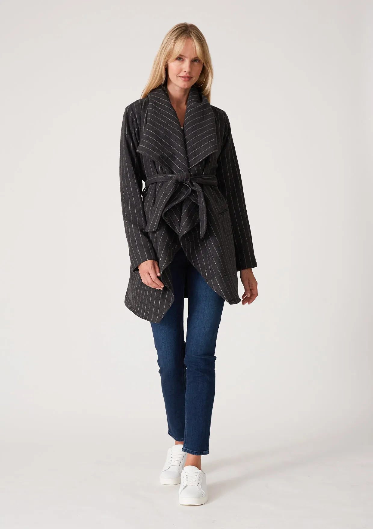 Charcoal Pinstripe Belted Wrap Coat