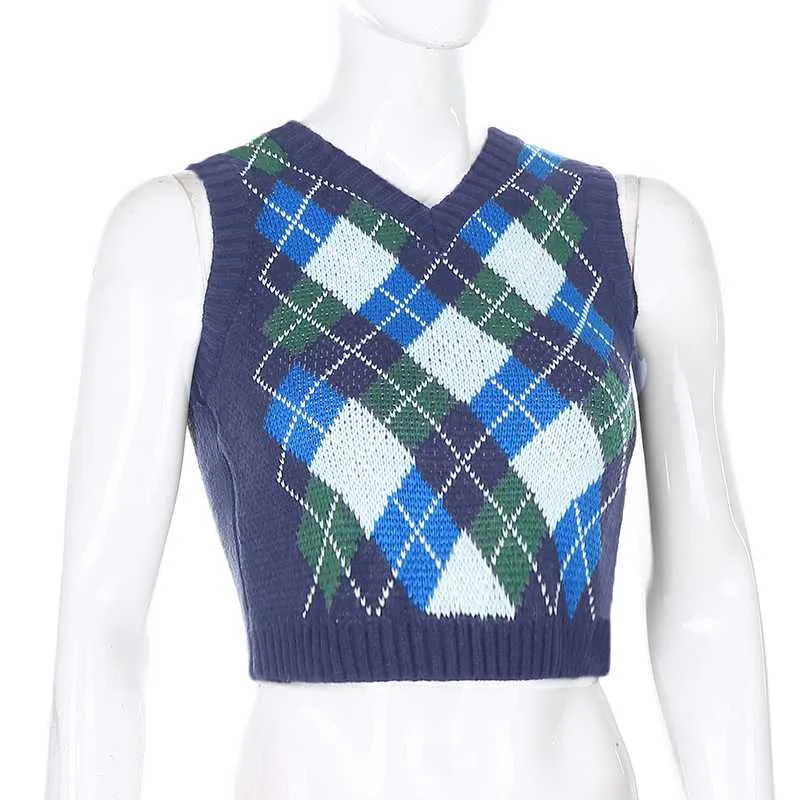 Checkered Cropped Knitted Tank Argyle Sleeveless Jumper