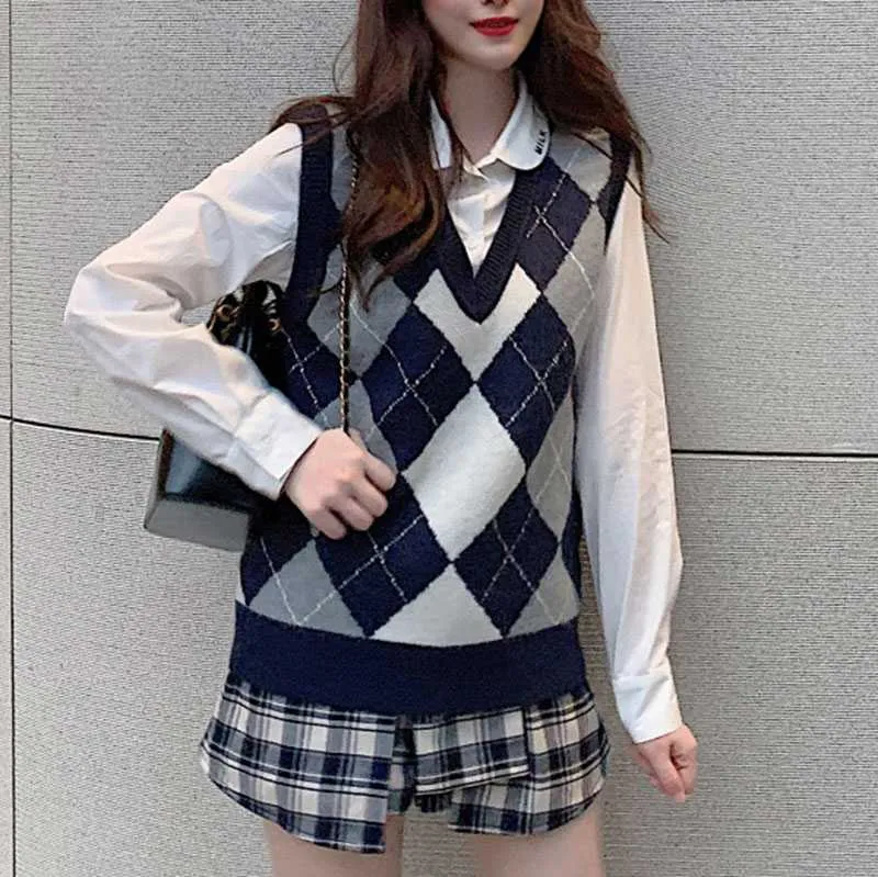 Checkered Cropped Knitted Tank Argyle Sleeveless Jumper