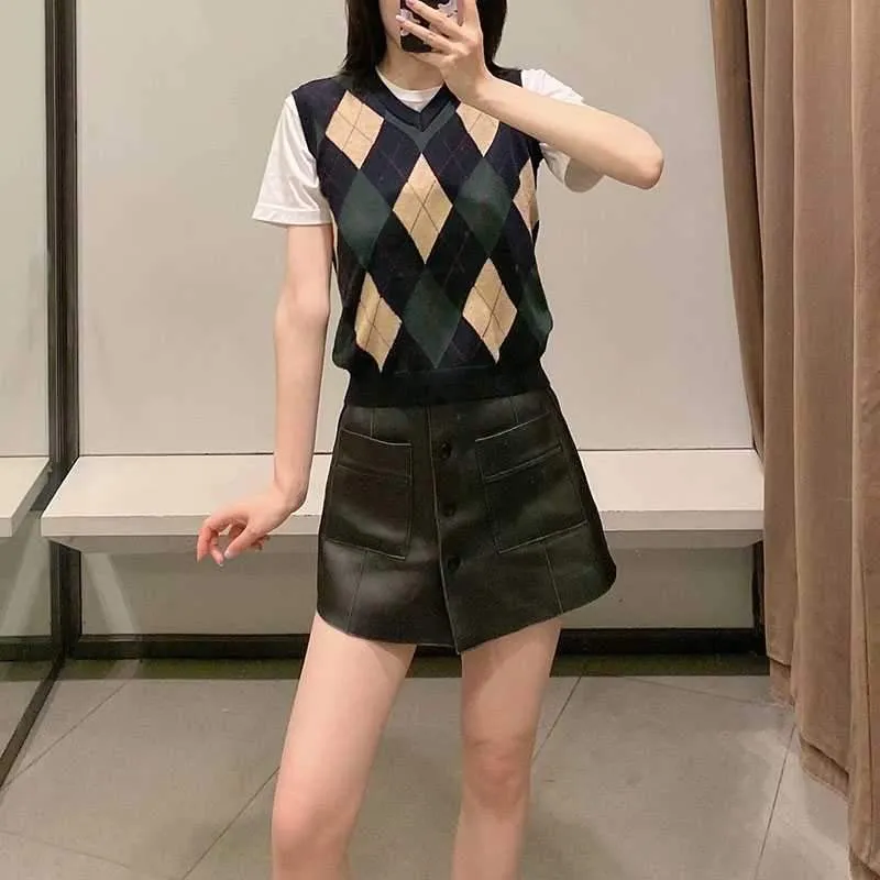 Checkered Cropped Knitted Tank Argyle Sleeveless Jumper