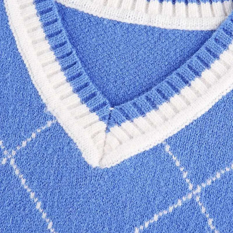 Checkered Cropped Knitted Tank Argyle Sleeveless Jumper