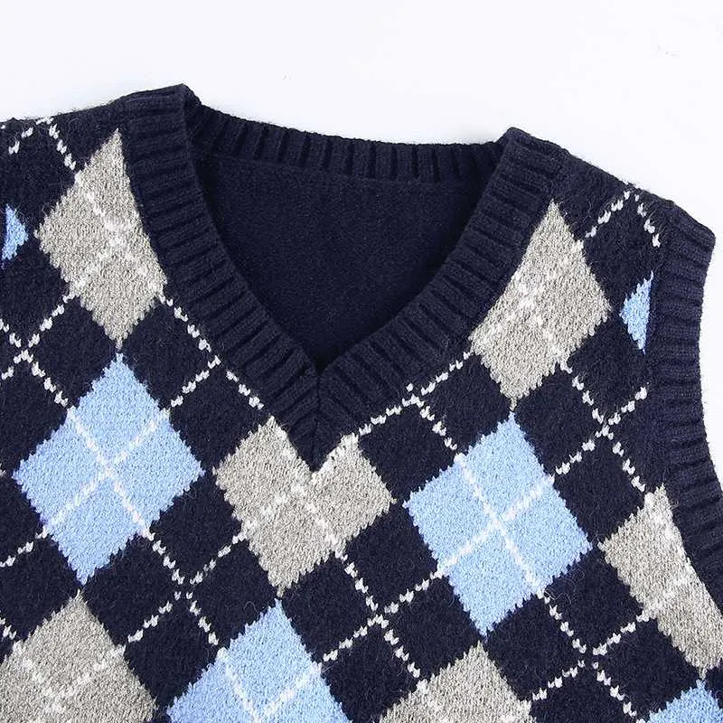 Checkered Cropped Knitted Tank Argyle Sleeveless Jumper