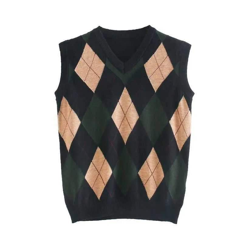 Checkered Cropped Knitted Tank Argyle Sleeveless Jumper