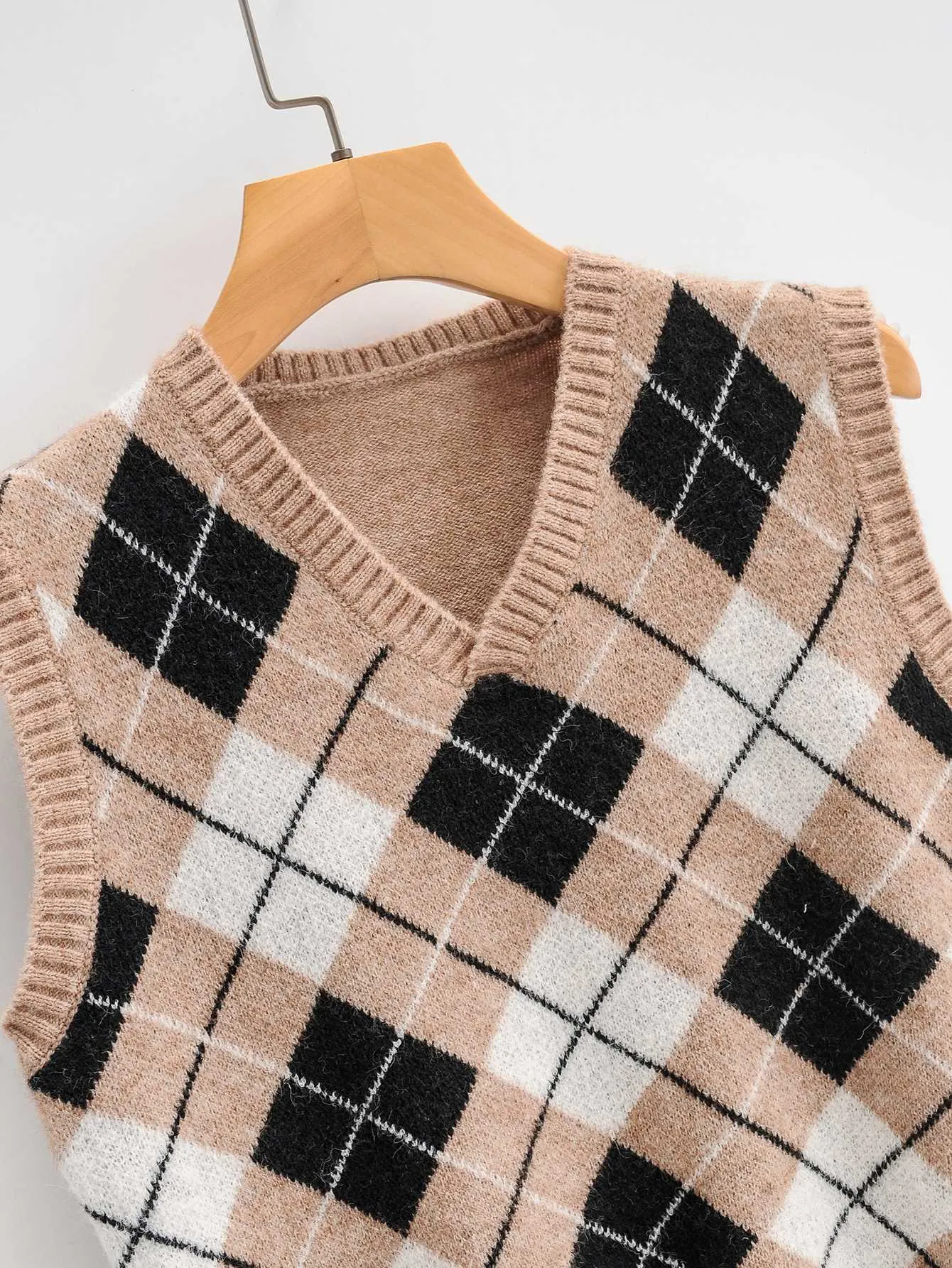 Checkered Cropped Knitted Tank Argyle Sleeveless Jumper