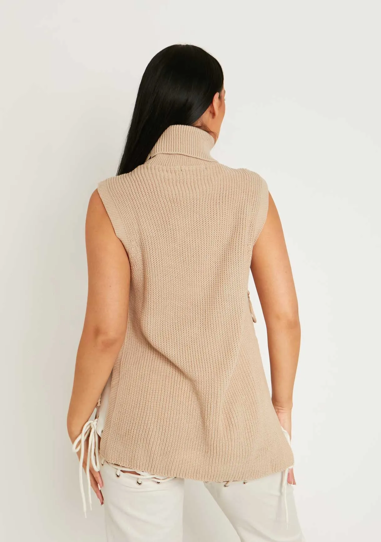 Cheryl Beige Knitted Roll Neck Tie Side Vest