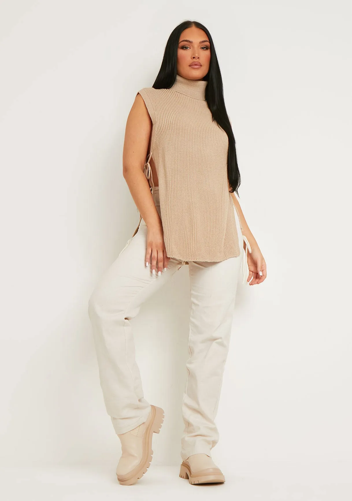 Cheryl Beige Knitted Roll Neck Tie Side Vest
