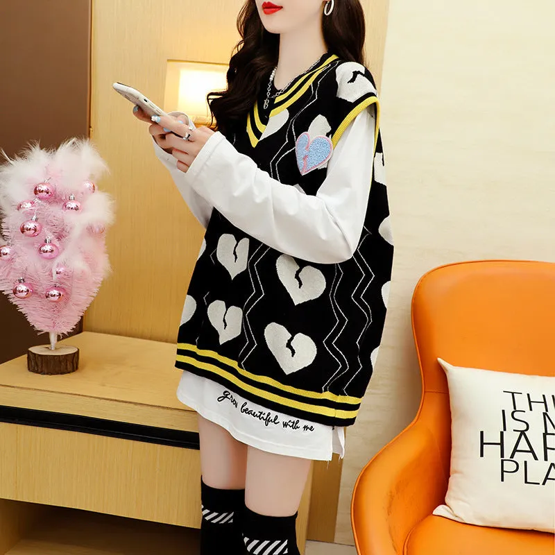 Chic streetwear college style retro vest sleeveless sweater heart deco pastel kawaii loose pullover