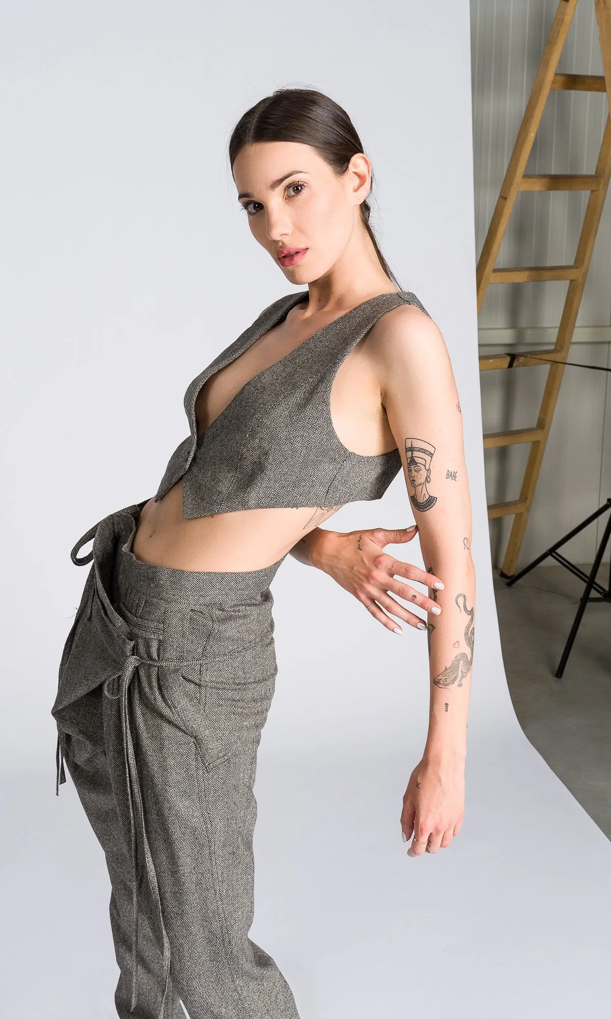 Cropped Herringbone Suit Vest