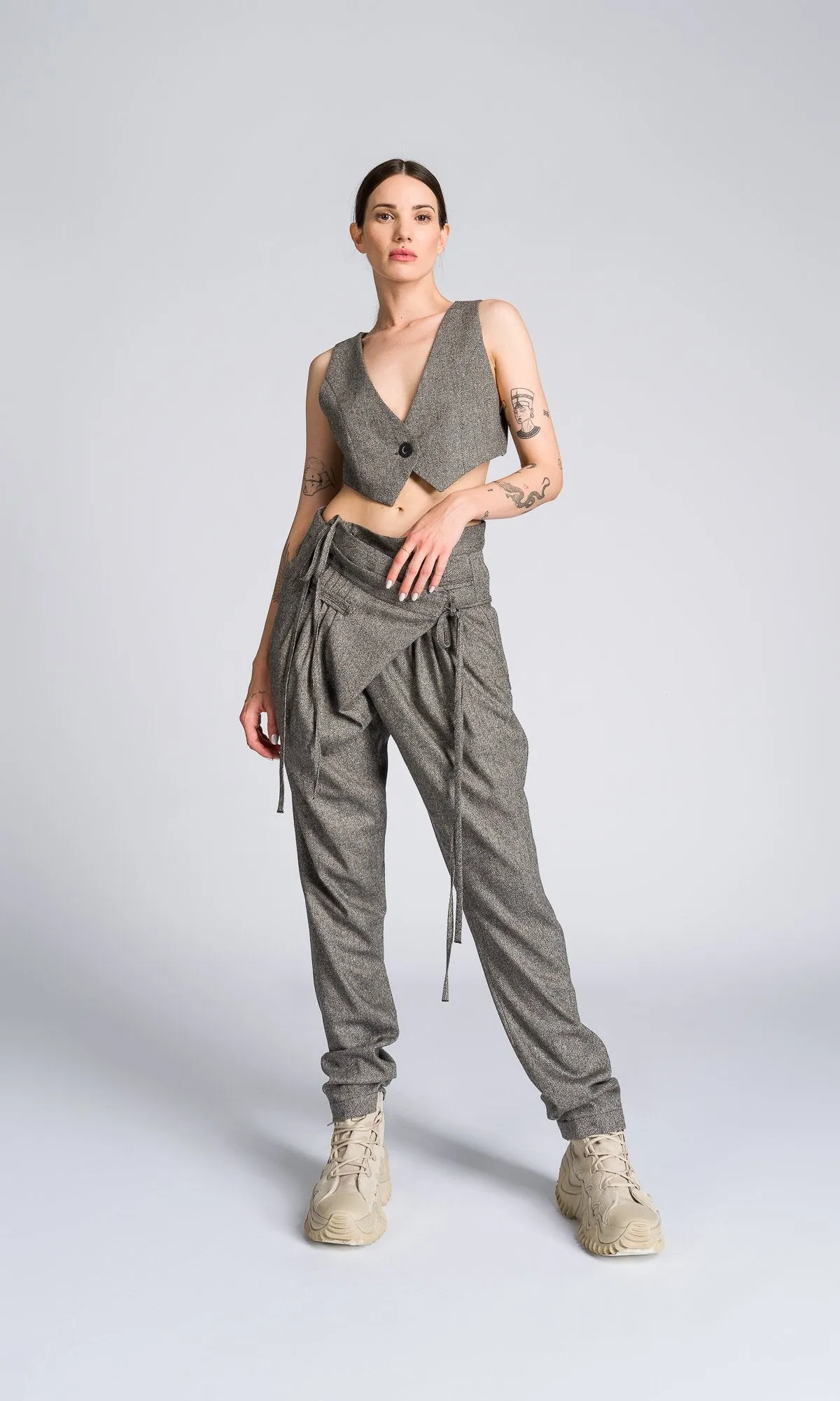 Cropped Herringbone Suit Vest