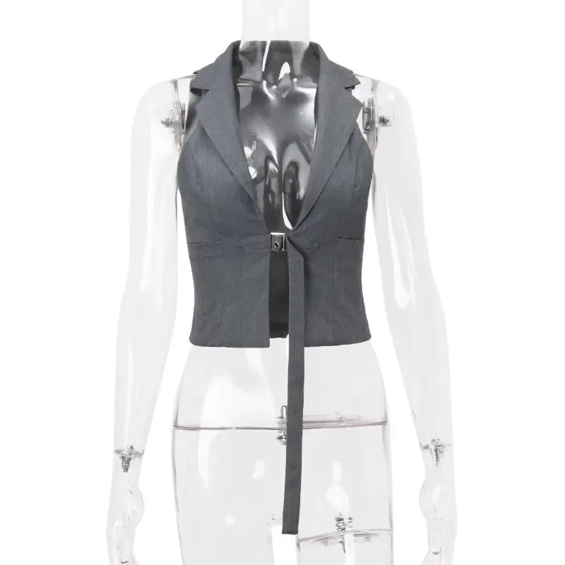 Elegant Slim Fit Lapel Suit Vest with Tied Halter