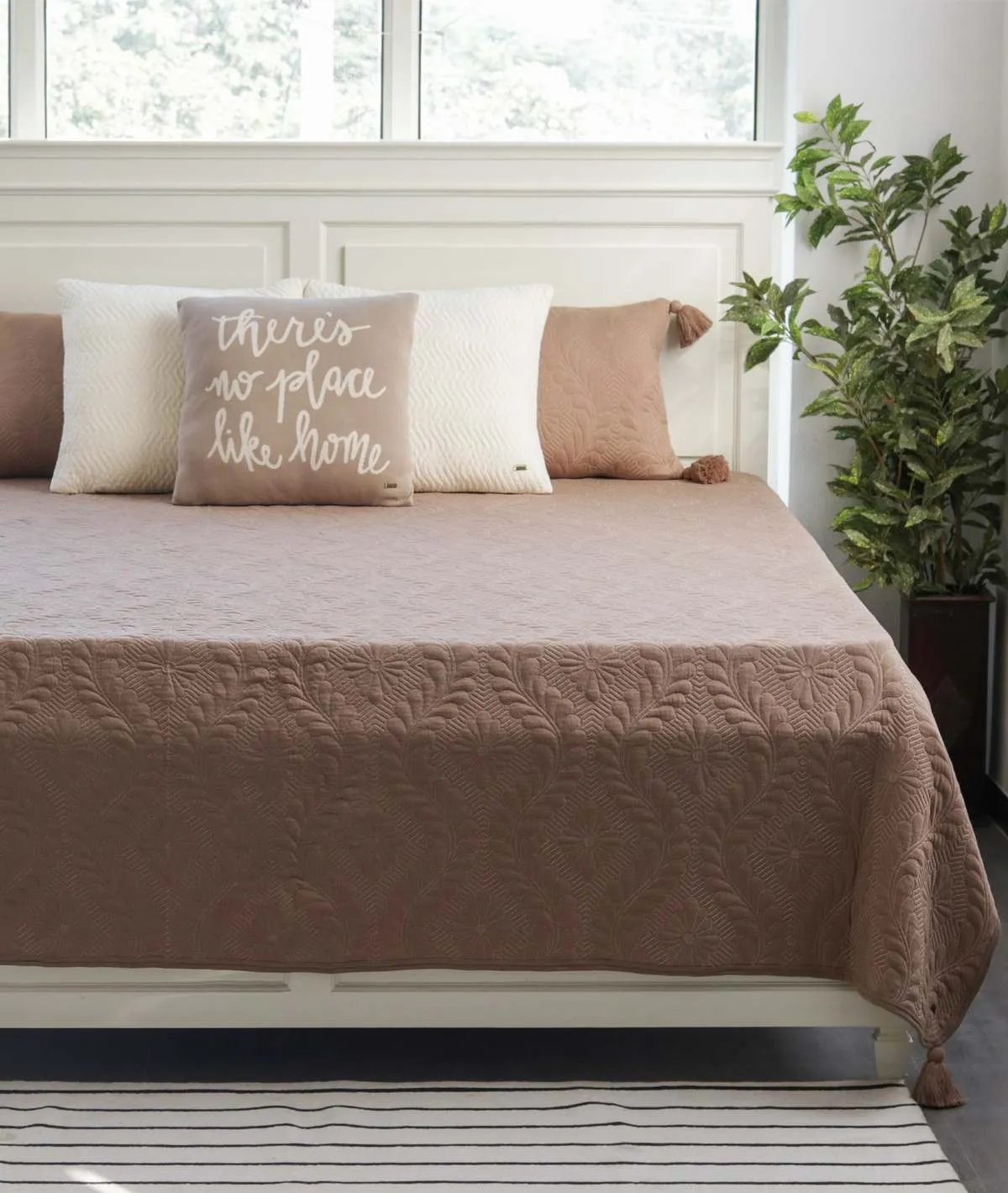 Flora Dove Beige 100% Cotton Knitted King Size Bed Cover with 2 Pillow Covers (Set of 3)