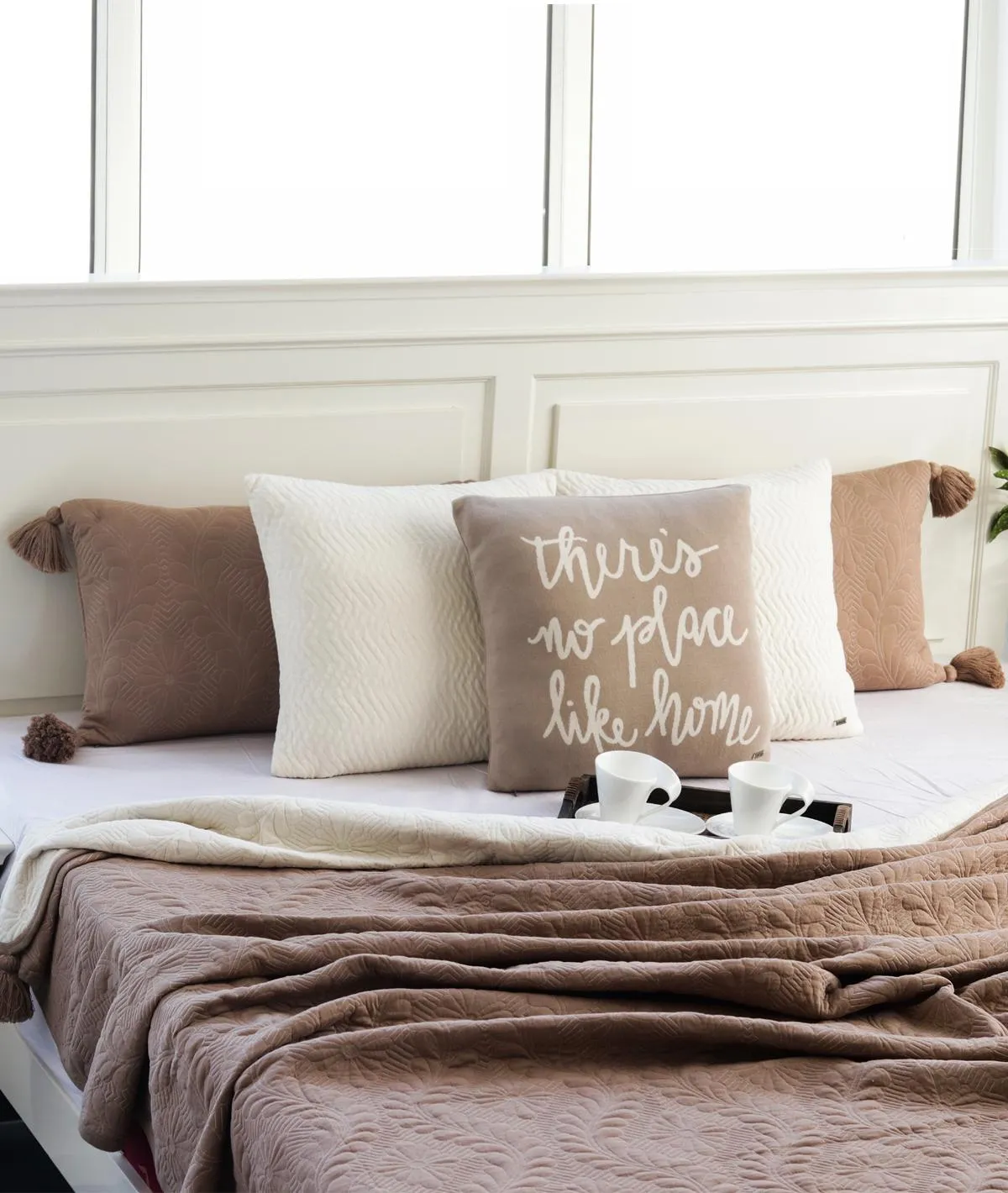 Flora Dove Beige 100% Cotton Knitted King Size Bed Cover with 2 Pillow Covers (Set of 3)