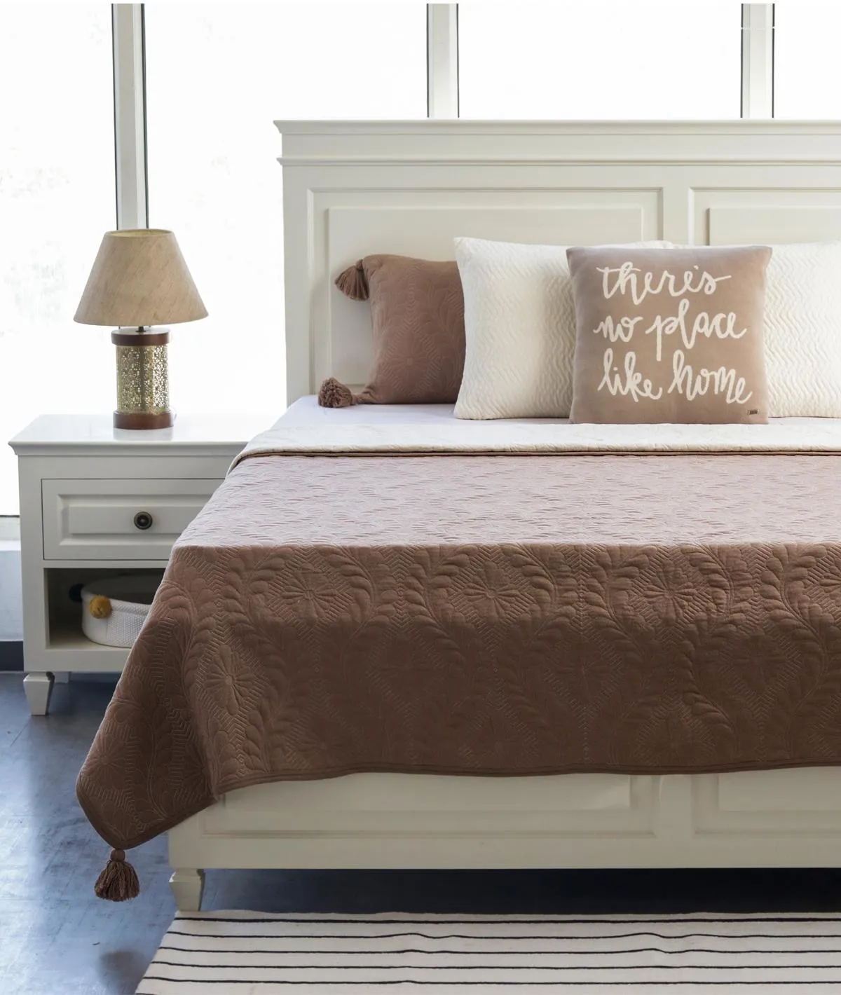 Flora Dove Beige 100% Cotton Knitted King Size Bed Cover with 2 Pillow Covers (Set of 3)