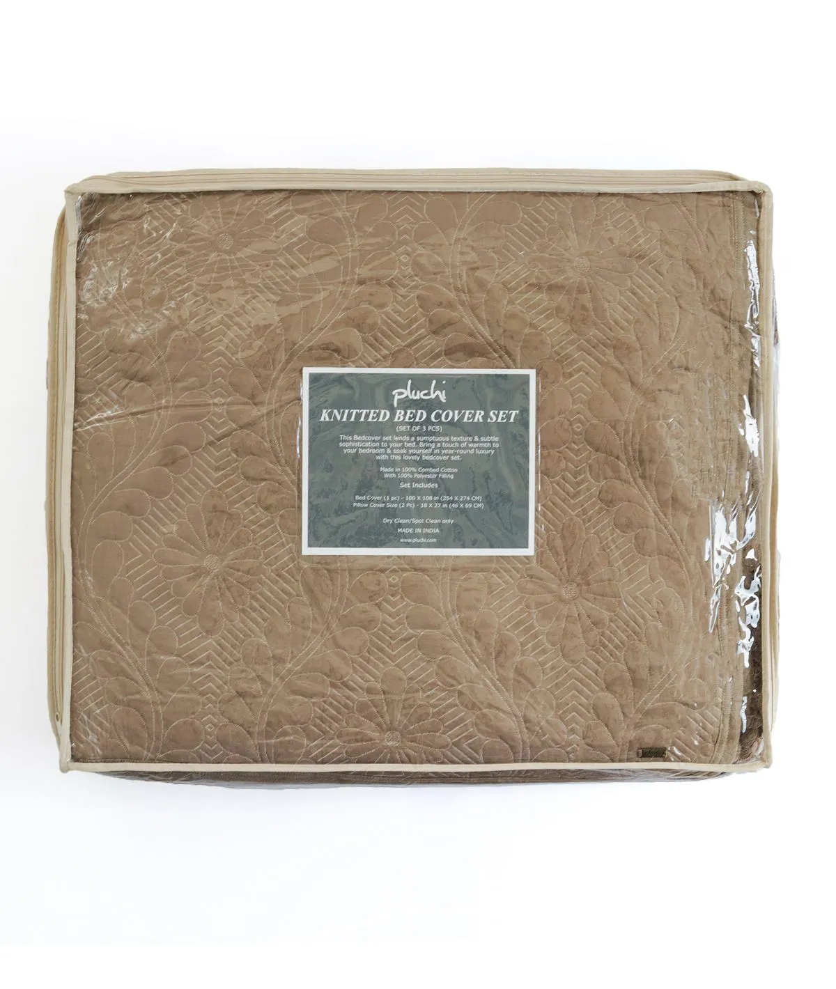 Flora Dove Beige 100% Cotton Knitted King Size Bed Cover with 2 Pillow Covers (Set of 3)