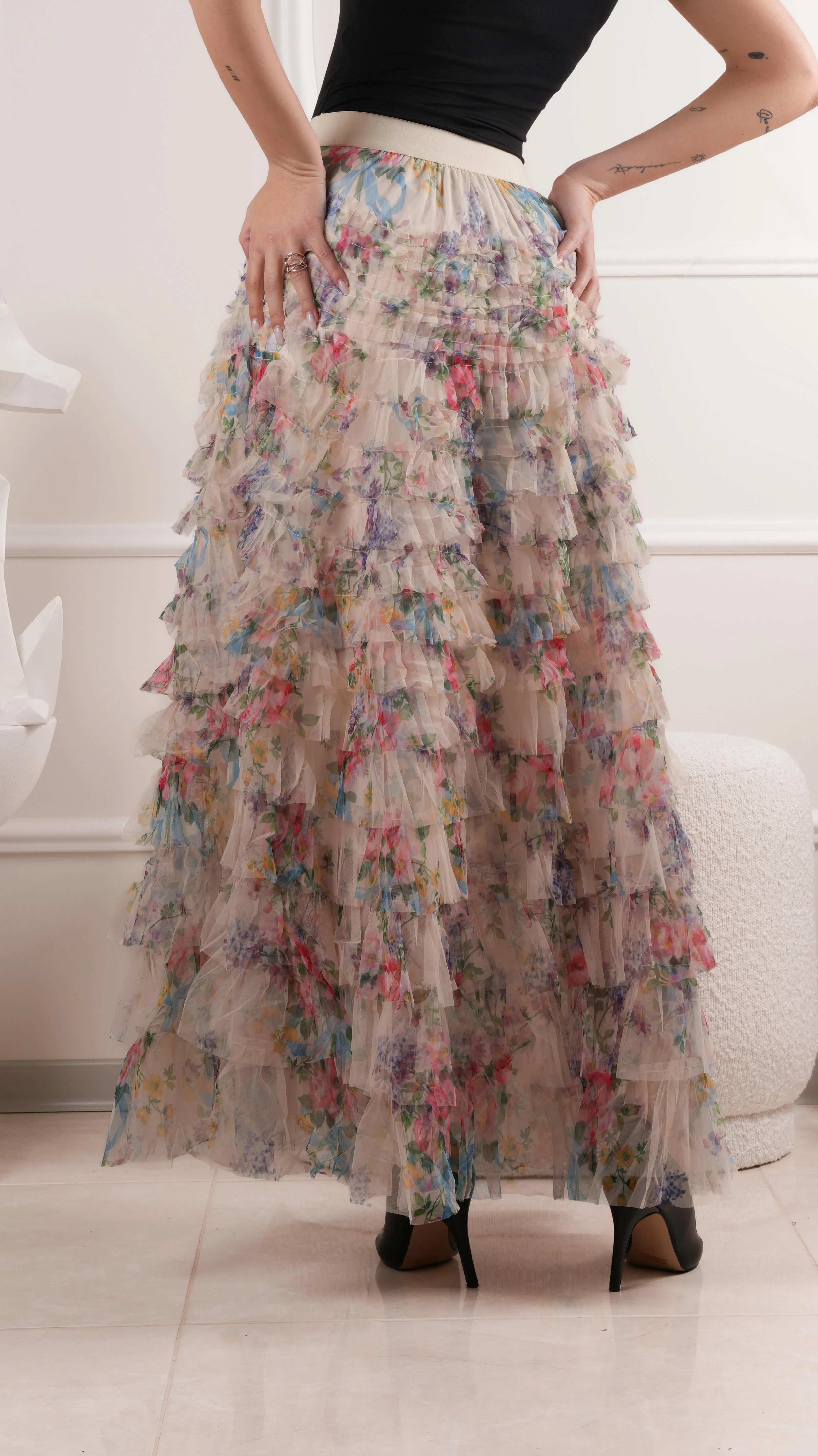 Floral layered ruffle maxi skirt wholesale