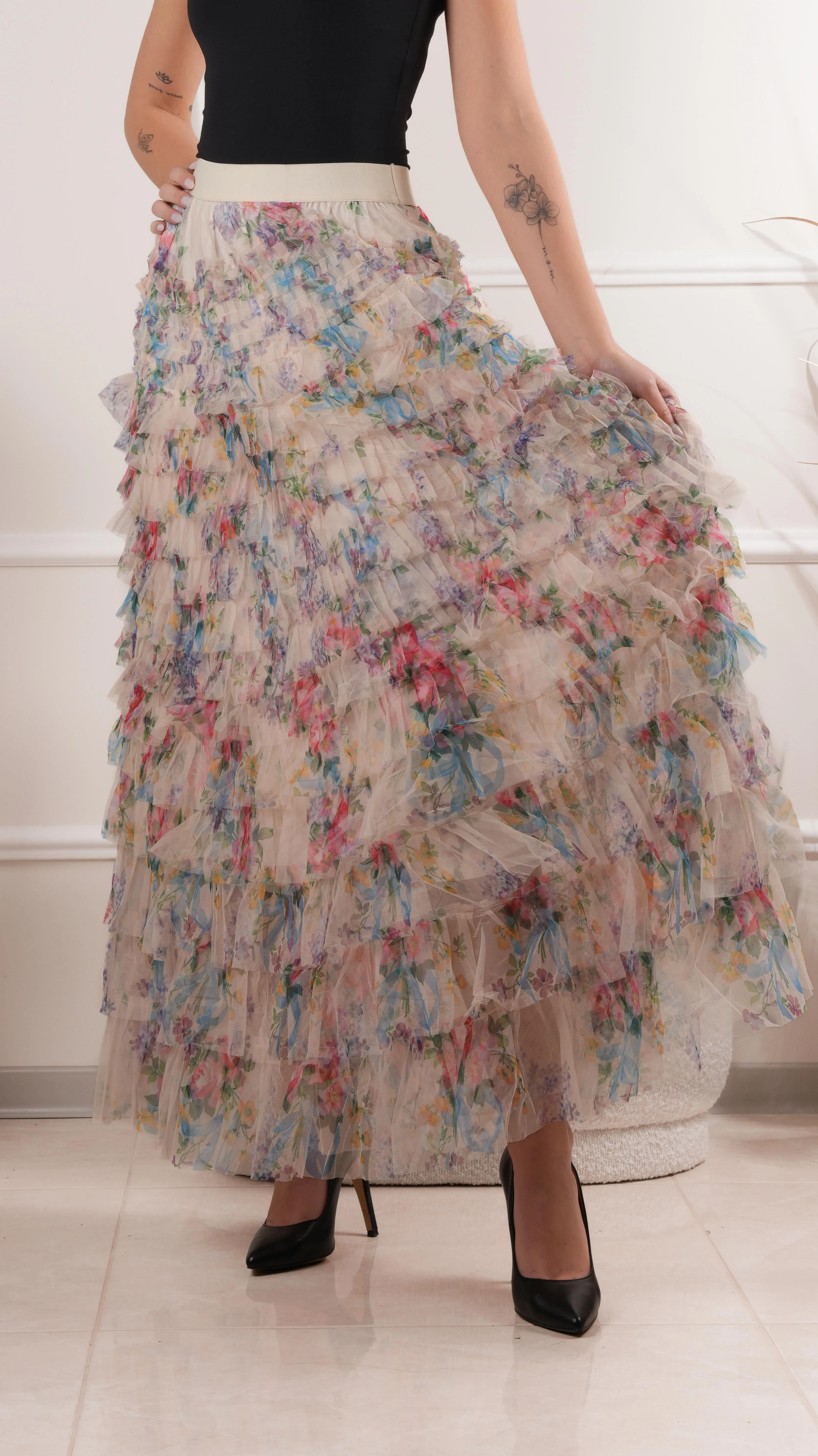 Floral layered ruffle maxi skirt wholesale