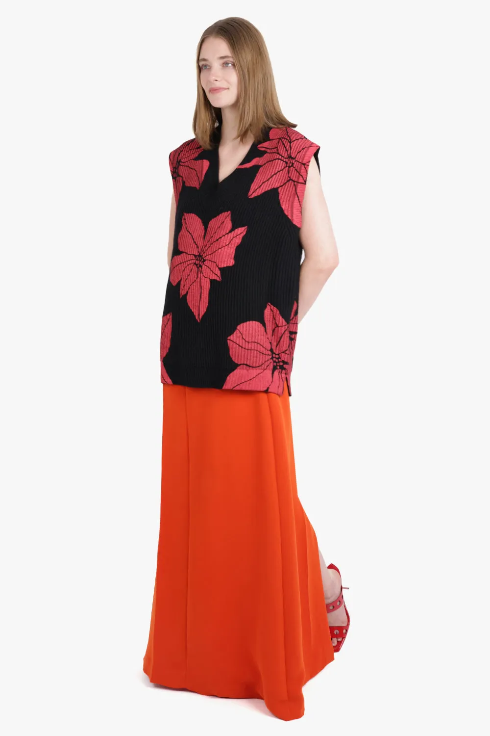 Floral Print V-Neck Vest Knit | Black/Red