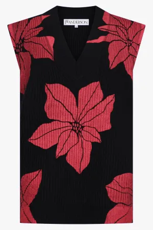 Floral Print V-Neck Vest Knit | Black/Red