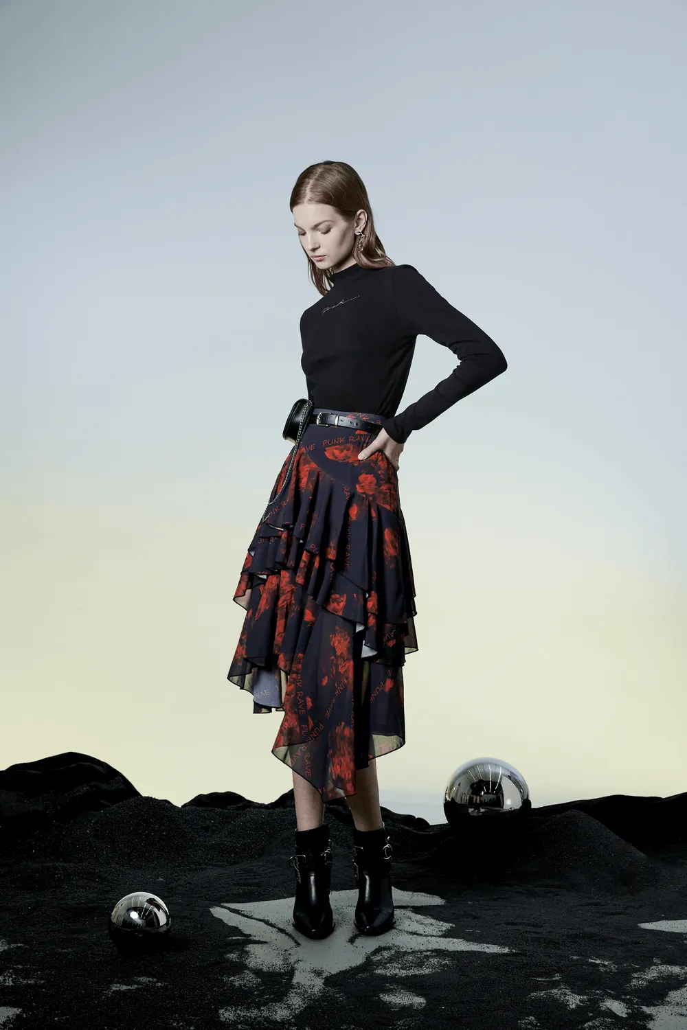 Flowy Punk Rave High-Low Floral Layered Skirt