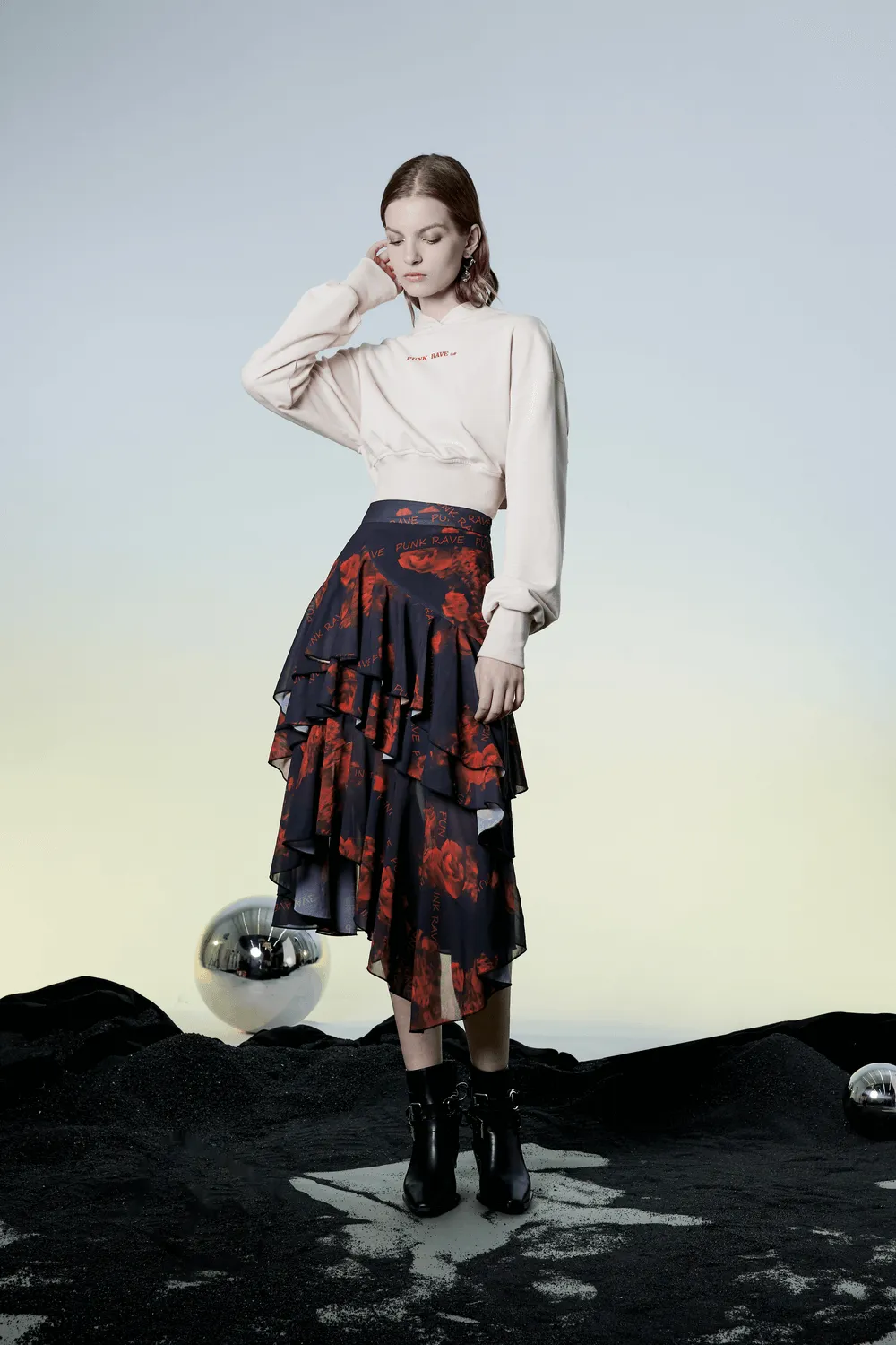 Flowy Punk Rave High-Low Floral Layered Skirt