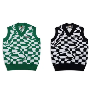 GARBLED TWISTED SPACE CHECKERBOARD KNITTED VEST