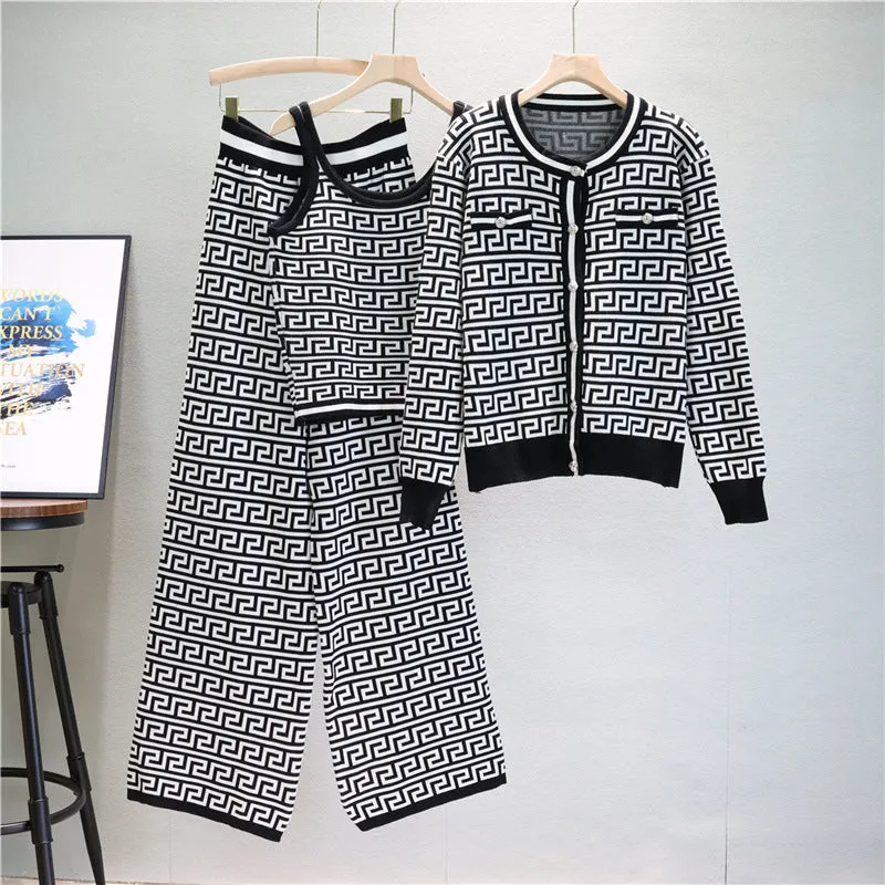 GBOLSOS  2025 trade European station fashion suit women's autumn jacquard knitted cardigan jacket vest wide-leg pants three-piece set