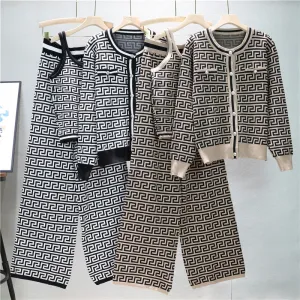 GBOLSOS  2025 trade European station fashion suit women's autumn jacquard knitted cardigan jacket vest wide-leg pants three-piece set