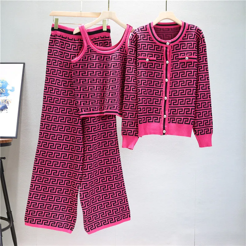 GBOLSOS  2025 trade European station fashion suit women's autumn jacquard knitted cardigan jacket vest wide-leg pants three-piece set